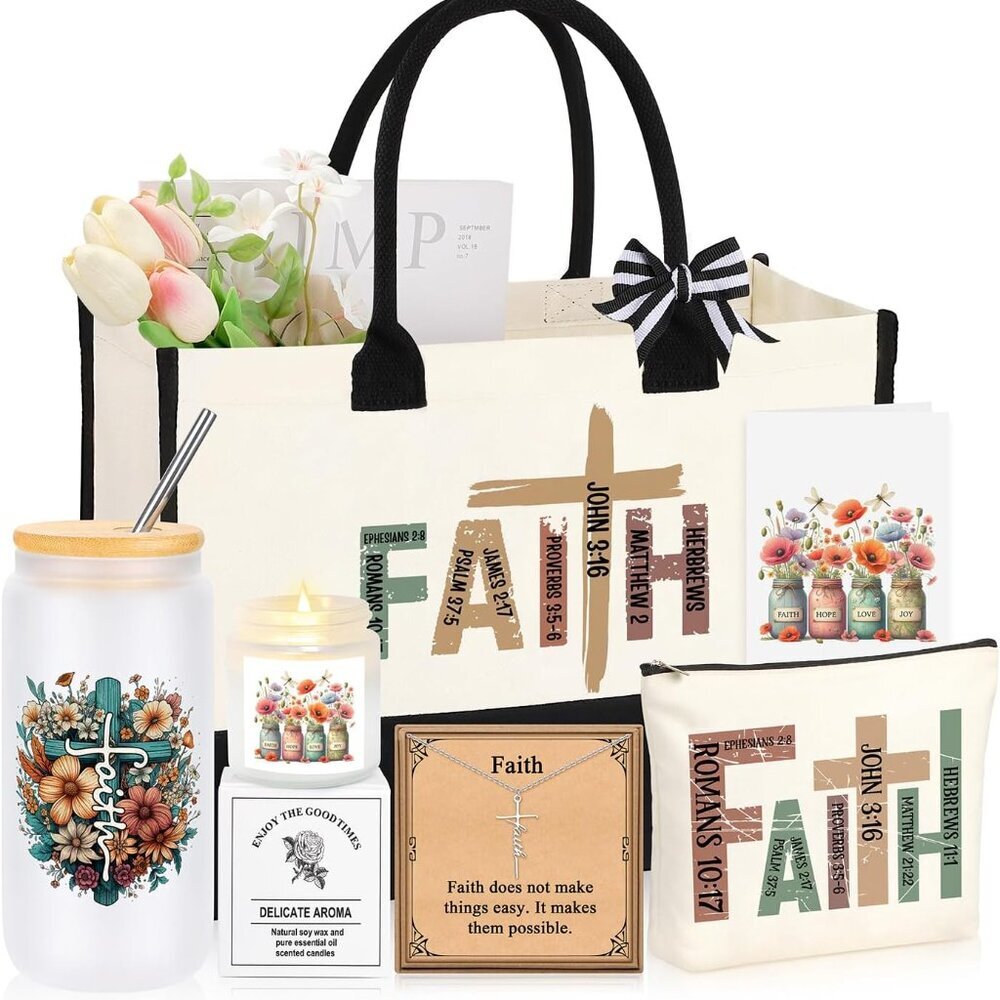Christian Gifts for Women Faith Set Tote Glass Necklace Candle Goodie